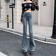 Aiertu fall outfits women Spring and Autumn Retro Blue Micro Flared Pants Women's High Waist Slimming Wide Leg American Hot Girl Frayed Horseshoe Pants Autumn Stretch Pants aiertu