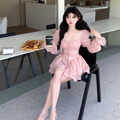 Aiertu prom dresses Lace Puff Sleeve Long Sleeve Square Collar Shirt Top Women's Autumn Chic Sweet Spicy Suit Skirt Two-Piece Set aiertu