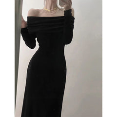 Aiertu long sweater dress outfit off-Shoulder Elegant Long Sleeve Dress Women's Autumn and Winter Fashion Slim Fit Slimming Inner French Dress Women aiertu
