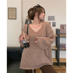 Aiertu 2000s fashion Korean Style Lazy V-neck Pullover Split on Both Sides Slimming Long Sleeve Sweater aiertu