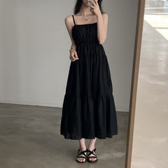 Aiertu church outfit Chic Summer Holiday Style Suspender Skirt Simple Design Pleated Stitching Elastic Waist Solid Color Large Swing Dress aiertu