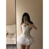 Aiertu dress Sweet Cool Hot Girl Fishbone Floral Camisole Women's Summer Suit Mesh Skirt Fluffy Skirt aiertu