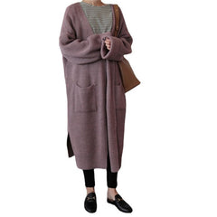 Aiertu fall outfits Retro Mid-Length Curling Solid Color Lazy Loose Knitted Long-Sleeved Sweater Coat for Women aiertu