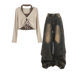 Aiertu shamar Retro Hong Kong Style Wear a Whole Suit Two-Piece Halter Top with Casual Jeans Two-Piece Set aiertu