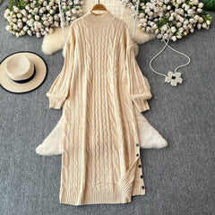 Aiertu long sweater dress outfit Autumn and Winter Korean Style Loose Lazy Style Mid-Length Knitted Dress Women's Half Turtleneck Twist Sweater Skirt Fashion aiertu