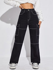 Aiertu black sweater dress outfit Women's Pocket Straight Jeans Black Pants aiertu