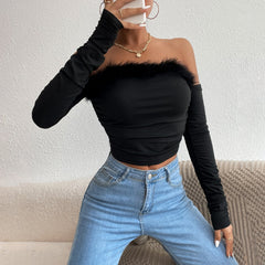 Aiertu leapord halloween outfit Women's Summer Retro Fur Collar Tube Top Long-Sleeved Top off-the-Neck Backless off-Shoulder Top aiertu
