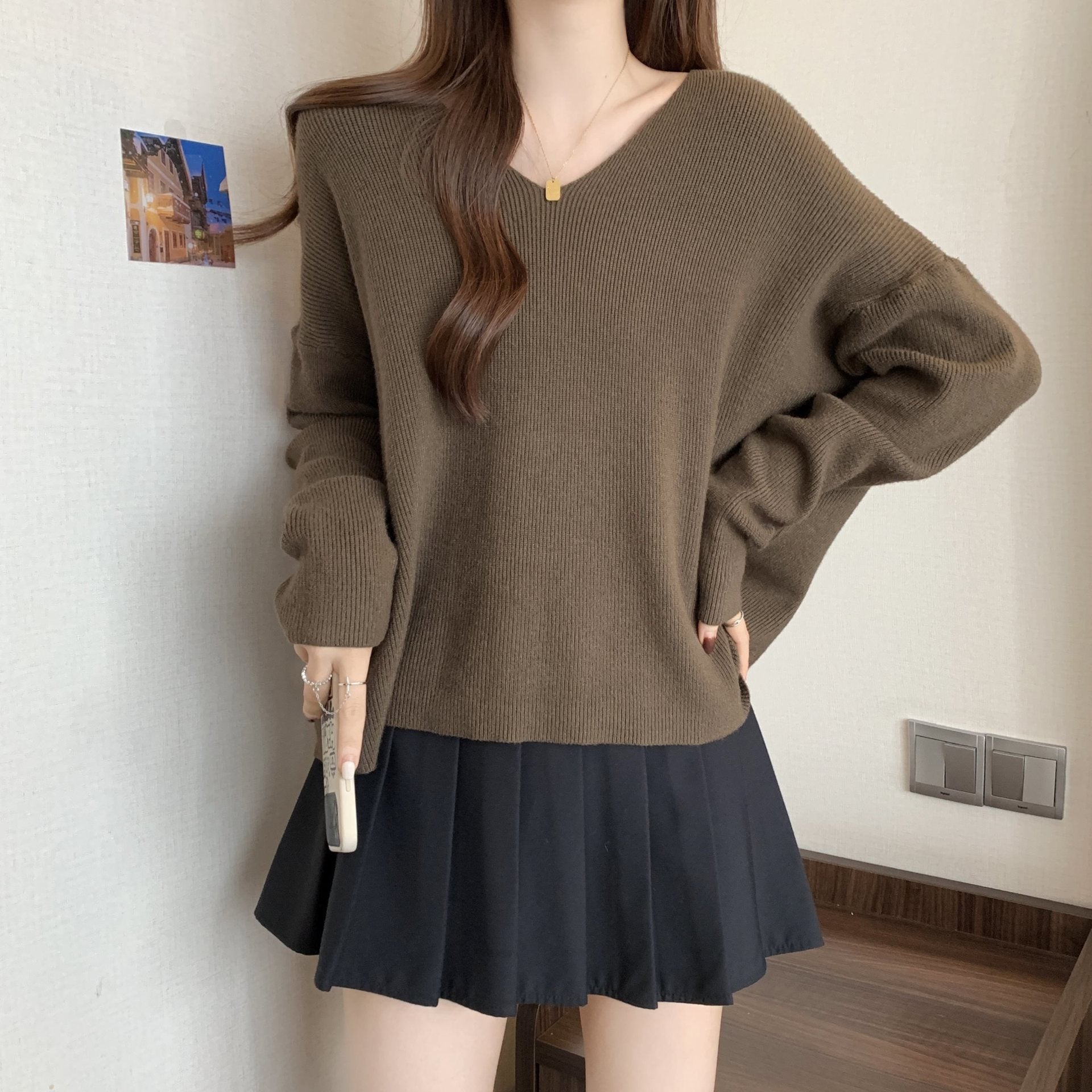 Aiertu duo costumes Plus Size V-neck Sweater Women's Autumn and Winter Lazy Style Chubby Girl Loose Slimming Batwing Sleeve Pullover Sweater aiertu