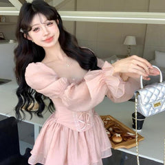 Aiertu prom dresses Lace Puff Sleeve Long Sleeve Square Collar Shirt Top Women's Autumn Chic Sweet Spicy Suit Skirt Two-Piece Set aiertu