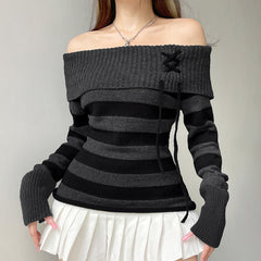 Aiertu long sweater dress outfit Y2k Retro Fashion Color Matching Striped Flanging off-Shoulder Chic Lace-up Sweater Personalized Waist Slimming Sweater aiertu