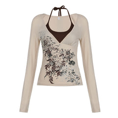 Aiertu fashion outfits American Retro Printed Halter Fake Two-Piece T-shirt Autumn Slim Fit Slimming Hot Girl V-neck Contrast Color Long Sleeve Top aiertu