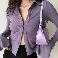 Aiertu 2000s fashion Five-Color All-Match Polo Lapel Bell Sleeve Shirt Women's American-Style Slim-Fit Stretch Long-Sleeved Shirt aiertu