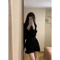 Aiertu supernatural dress to impress Fall Black Ruffled Long Sleeve Dress V-neck Elegant A- line Short Skirt Bell Sleeve Advanced Short Skirt aiertu