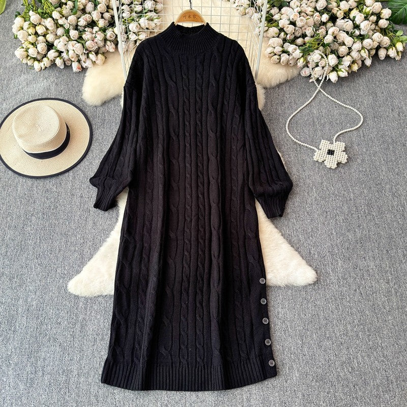 Aiertu long sweater dress outfit Autumn and Winter Korean Style Loose Lazy Style Mid-Length Knitted Dress Women's Half Turtleneck Twist Sweater Skirt Fashion aiertu