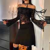 Aiertu dress to impress outfits Autumn and Winter Elegant Women's Black Floral Mesh off-Shoulder Bell Sleeve T-shirt Top Women aiertu