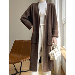 Aiertu black sweater dress outfit Korean Style Loose Lazy Style Pure Wool Cardigan Women's V-neck Mid-Length Thickened Coat with Pocket Cashmere Coat aiertu