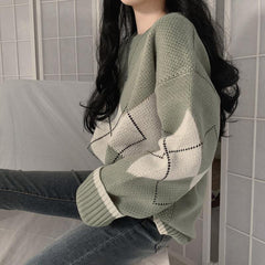 Aiertu tyler the creator outfits Chic Autumn New Retro British Plaid Pullover Sweater Plaid Sweater Loose Couple Sweater for Women aiertu