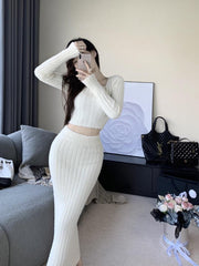 Aiertu simple winter outfits Furry Knitted Suit Square Collar Pullover Short Sweater Top Sheath Dress Bow Two-Piece Set aiertu