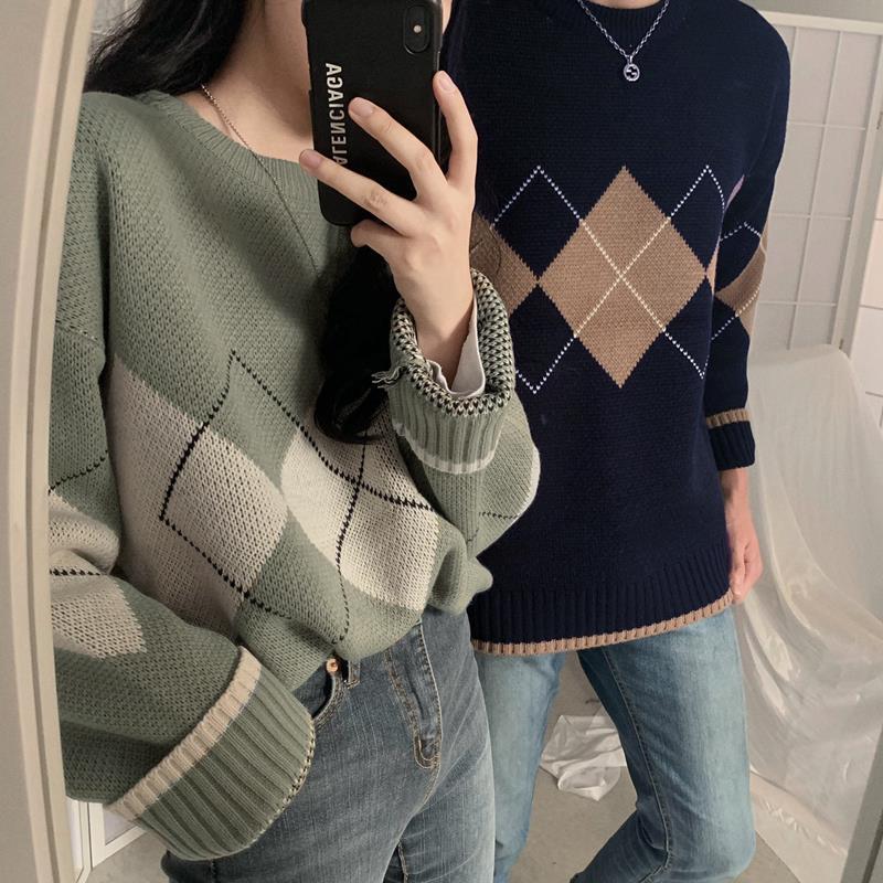 Aiertu tyler the creator outfits Chic Autumn New Retro British Plaid Pullover Sweater Plaid Sweater Loose Couple Sweater for Women aiertu