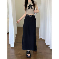 Aiertu business casual outfits Plus Size Skirt Women's Spring and Summer High Waist Slimming Retro Split A- line Skirt Mid-Length Skirt aiertu