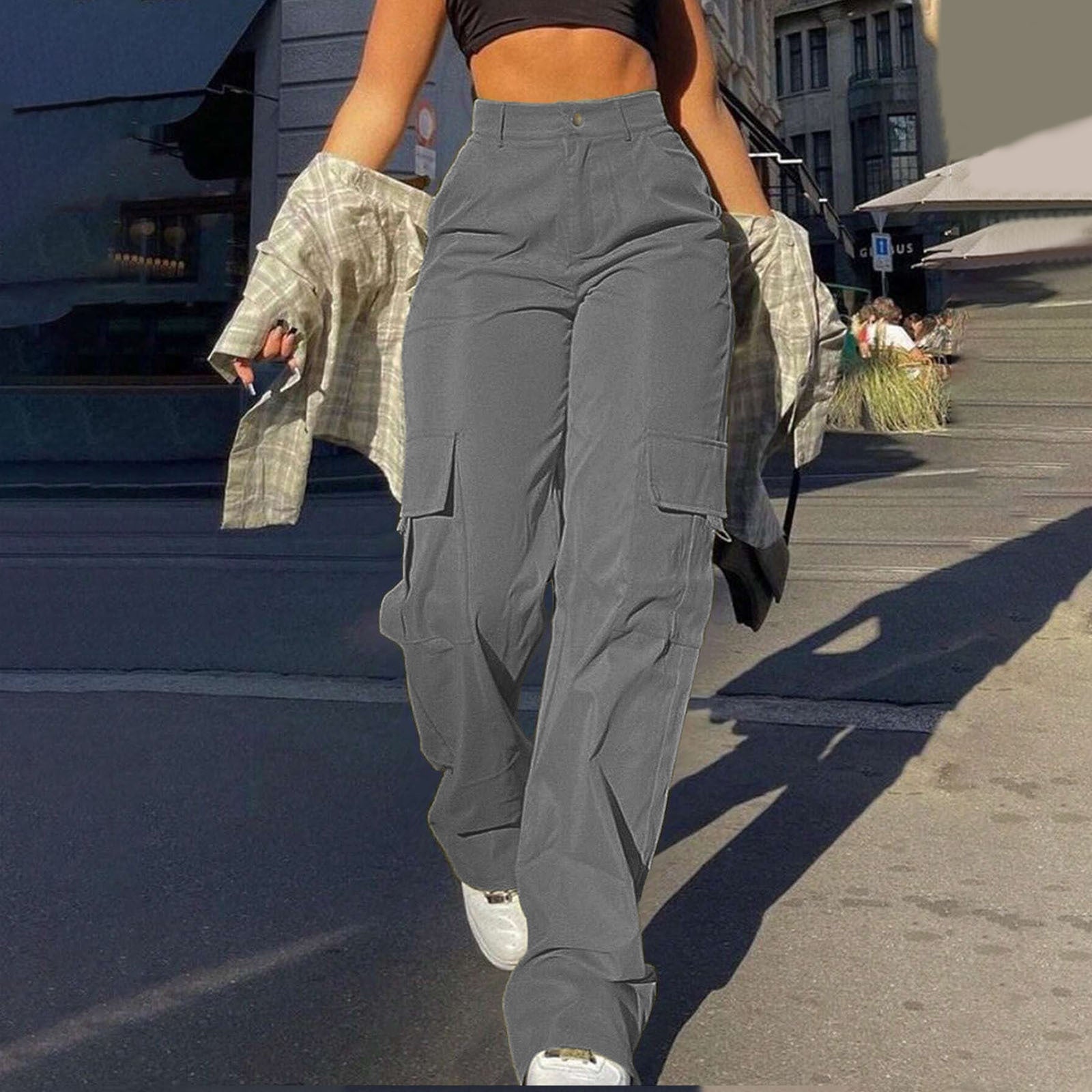 Aiertu outfits Women's Street Fashion Multi-Pocket Workwear Straight Trousers High Waist Slimming Loose Overalls aiertu