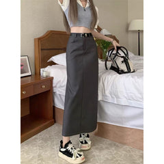 Aiertu business casual outfits Gray A- line Skirt for Women plus Size Chubby Girl High Waist Slimming Mid-Length Suit Skirt for Summer aiertu