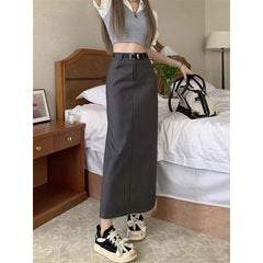 Aiertu business casual outfits Gray A- line Skirt for Women plus Size Chubby Girl High Waist Slimming Mid-Length Suit Skirt for Summer aiertu
