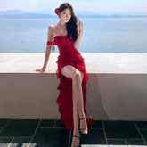 Aiertu y2k outfits French Sexy Heavy Industry Ruffled Trailing Irregular Tube Top Dress Holiday Red Chiffon Dress aiertu