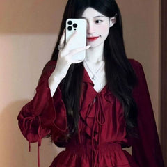 Aiertu leapord halloween outfit French Style White Red Lace V-neck Ruffled Suit Women's Spring High Waist Cake Short Skirt Temperament Two-Piece Set aiertu