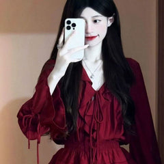 Aiertu leapord halloween outfit French Style White Red Lace V-neck Ruffled Suit Women's Spring High Waist Cake Short Skirt Temperament Two-Piece Set aiertu