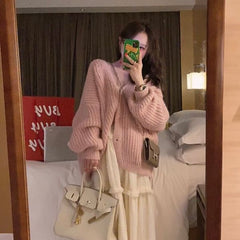 Aiertu fall outfits women Fashionable Lazy Style Ingot Needle Thick Line Sweater Cardigan Women's Autumn Lantern Sleeve Loose Knitted Coat aiertu