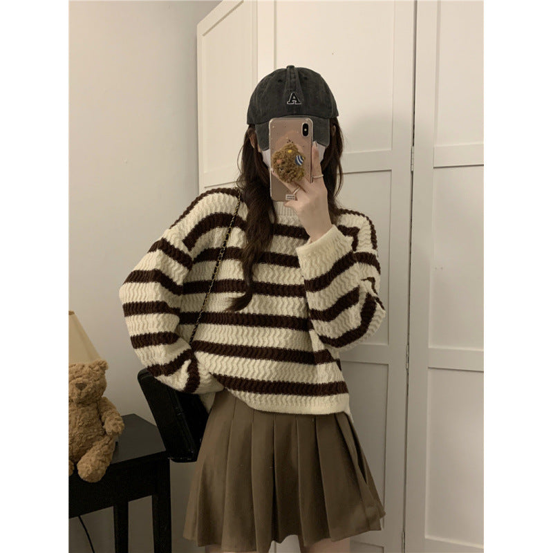 Aiertu joker costume female outfit Sweet Striped Milk Short Sweater Women's Clothing Autumn and Winter Lazy Gentle Wind Wear Top Small aiertu