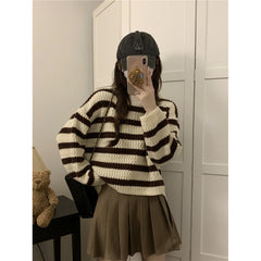 Aiertu joker costume female outfit Sweet Striped Milk Short Sweater Women's Clothing Autumn and Winter Lazy Gentle Wind Wear Top Small aiertu