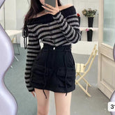 Aiertu long sweater dress outfit Off-Neck Striped Pleated Sweater Women's Chic Slim Top Autumn Short Long Sleeve aiertu