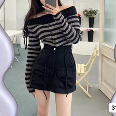 Aiertu long sweater dress outfit Off-Neck Striped Pleated Sweater Women's Chic Slim Top Autumn Short Long Sleeve aiertu