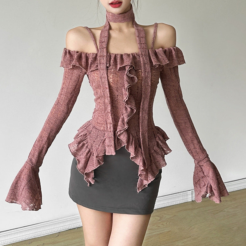 Aiertu trashy outfits Style Autumn Solid Color Sexy off-Neck Long Sleeve Slim Fit Wooden Ear T-shirt aiertu