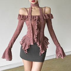 Aiertu trashy outfits Style Autumn Solid Color Sexy off-Neck Long Sleeve Slim Fit Wooden Ear T-shirt aiertu