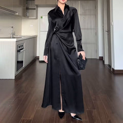 Aiertu black sweater dress outfit Women's Autumn Solid Color Lapel Elegant Lace-up Slim Fit Dress Women aiertu