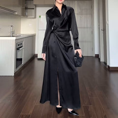 Aiertu black sweater dress outfit Women's Autumn Solid Color Lapel Elegant Lace-up Slim Fit Dress Women aiertu