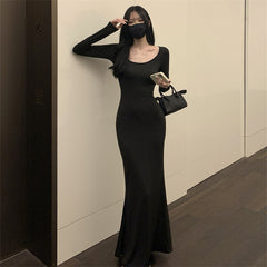 Aiertu fashion outfits Fall Hot Girl Elegant Long Sleeve Dress Women's Brown Bottoming Dress Slim Fishtail Solid Color Skirt aiertu