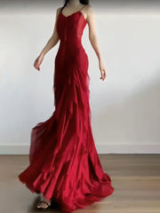 Aiertu - Sexy Mermaid Spaghetti Straps Red Chiffon Ruffles Birthday Dresses Long Prom Dress HOT1160 Aiertu