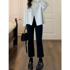 Aiertu business casual outfits Black High Waist Straight Jeans for Women Spring and Autumn Small Pear-Shaped Thick Leg Wide Leg Wide Leg Pants aiertu