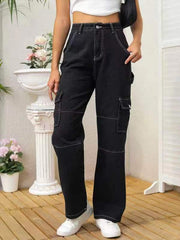 Aiertu black sweater dress outfit Personalized Street Style Multi-Pocket Straight Jeans Women's Black Overalls aiertu