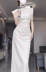 Aiertu - Retro Mermaid Satin White Prom Dresses Birthday Outfits With Ruffle HOT1143 Aiertu