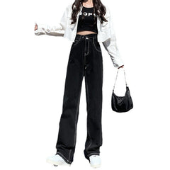Aiertu casual fall outfits Black Jeans Women's Straight Loose Spring and Autumn Slimming Mop High Waist Wide Leg Pants aiertu