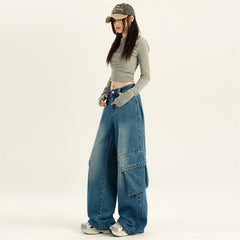 Aiertu fashion outfits American-Style Retro Wide-Leg Workwear Jeans Women's Autumn Slimming Hot Girl Straight Mop Pants aiertu