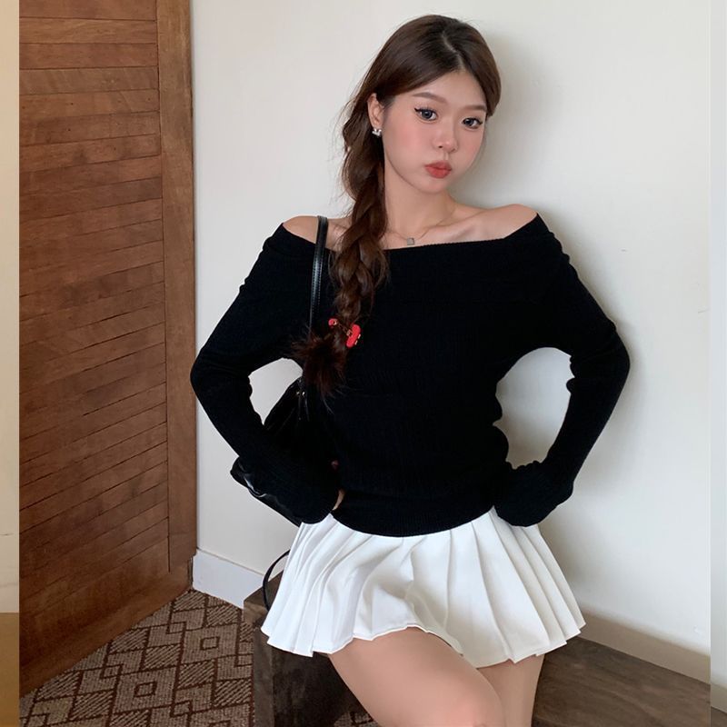 Aiertu long sweater dress outfit Gentle Style off-Shoulder Long Sleeve Sweater Women's Autumn and Winter High Waist Slim Top Fashion aiertu