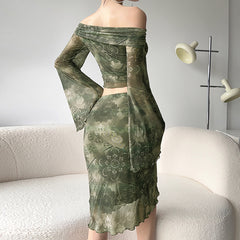 Aiertu concert outfit Mori Vintage Printed Mesh Suit Sexy off-Shoulder Bell Sleeve Top Slim Low Waist Skirt Two-Piece Set aiertu