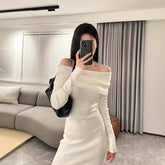 Aiertu long sweater dress outfit Niche Design Sexy off-Shoulder Slim-Fit Sheath Elegant Long Skirt off-Shoulder Bottoming Knitted Dress aiertu