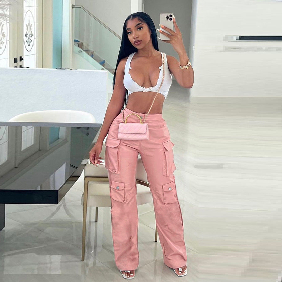 Aiertu dress to impress outfits Women's Tooling Pu Imitation Leather Pocket High Waist Loose Straight Casual Trousers aiertu